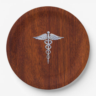 Chrome Like Caduceus Medical Symbol Mahogany Print Paper Plate