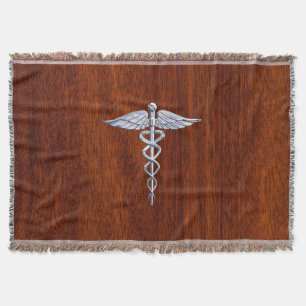 Chrome Like Caduceus Medical Symbol Mahogany Style Throw Blanket