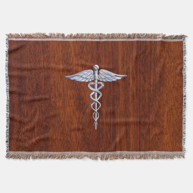 Chrome Like Caduceus Medical Symbol Mahogany Style Throw Blanket (Front)