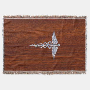 Chrome Like Caduceus Medical Symbol Mahogany Style Throw Blanket