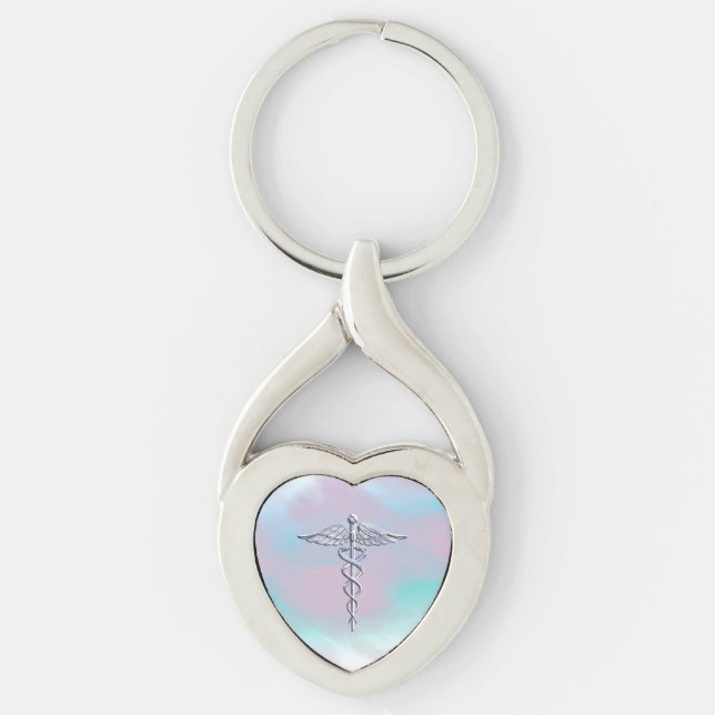Chrome Like Caduceus Medical Symbol Mother Pearl D Keychain (Front)