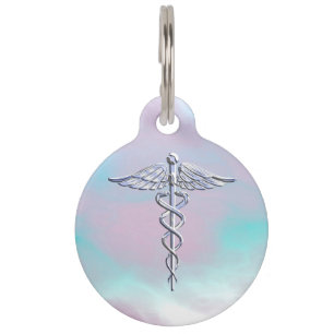 Chrome Like Caduceus Medical Symbol Mother Pearl D Pet Tag