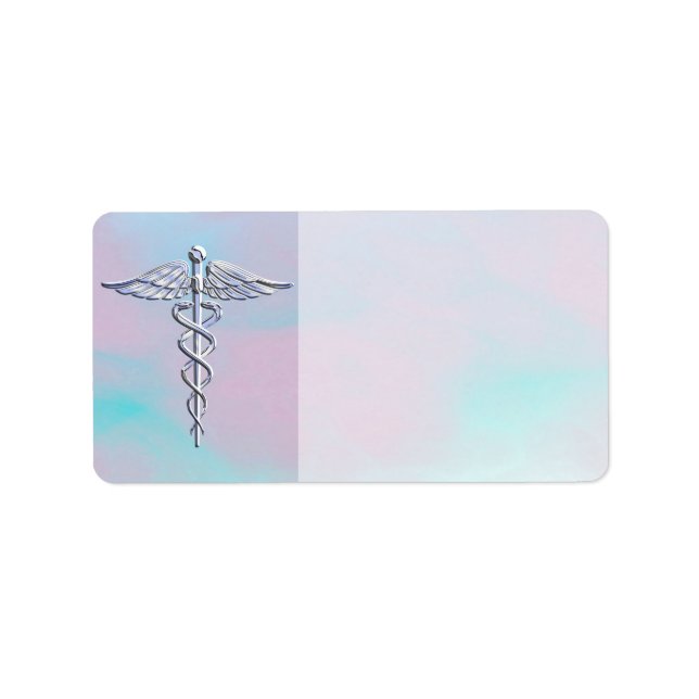 Chrome Like Caduceus Medical Symbol Mother Pearl Label (Front)