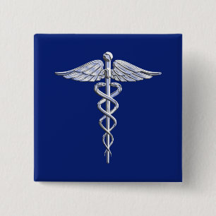 Chrome Like Caduceus Medical Symbol on Blue Decor 2 Inch Square Button