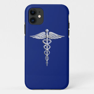 Chrome Like Caduceus Medical Symbol on Blue Decor iPhone 11 Case