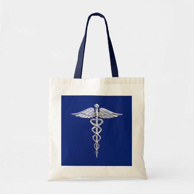 Chrome Like Caduceus Medical Symbol on Blue Decor Tote Bag (Front)