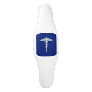 Chrome Like Caduceus Medical Symbol on Navy Blue Ceramic Cabinet Pull