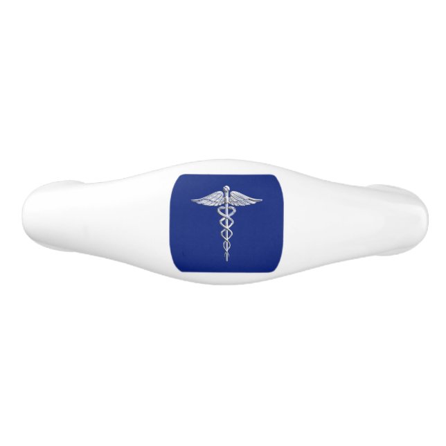 Chrome Like Caduceus Medical Symbol on Navy Blue Ceramic Drawer Pull (Front)