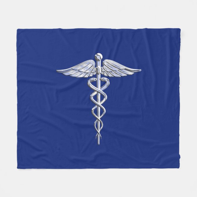 Chrome Like Caduceus Medical Symbol on Navy Blue Fleece Blanket (Front (Horizontal))
