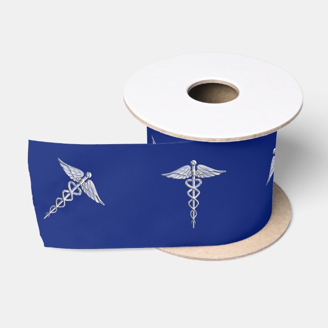 Chrome Like Caduceus Medical Symbol on Navy Blue Satin Ribbon (Spool)
