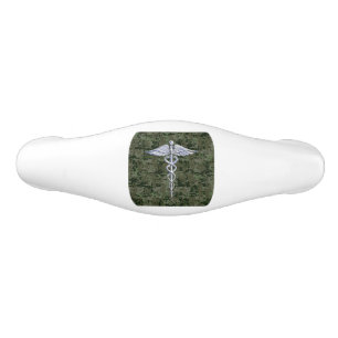 Chrome Like Caduceus Symbol on Green Camouflage Ceramic Drawer Pull
