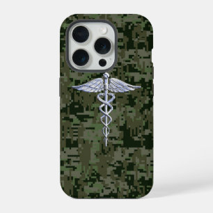 Chrome Like Caduceus Symbol on Green Camouflage iPhone 15 Pro Case
