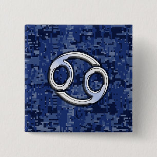 Chrome Like Cancer Sign on Blue Digital Camo 2 Inch Square Button