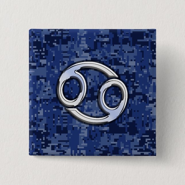 Chrome Like Cancer Sign on Blue Digital Camo 2 Inch Square Button (Front)