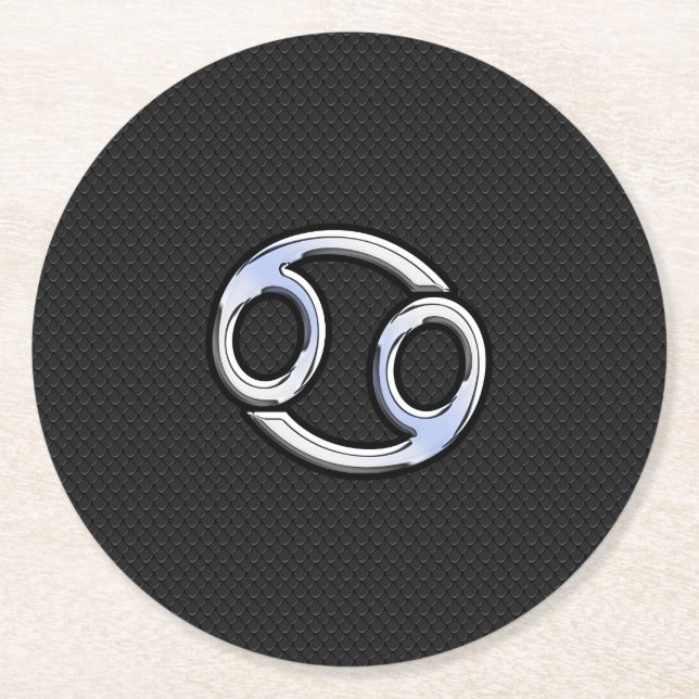 Chrome Like Cancer Zodiac Sign on Black Round Paper Coaster (Front)