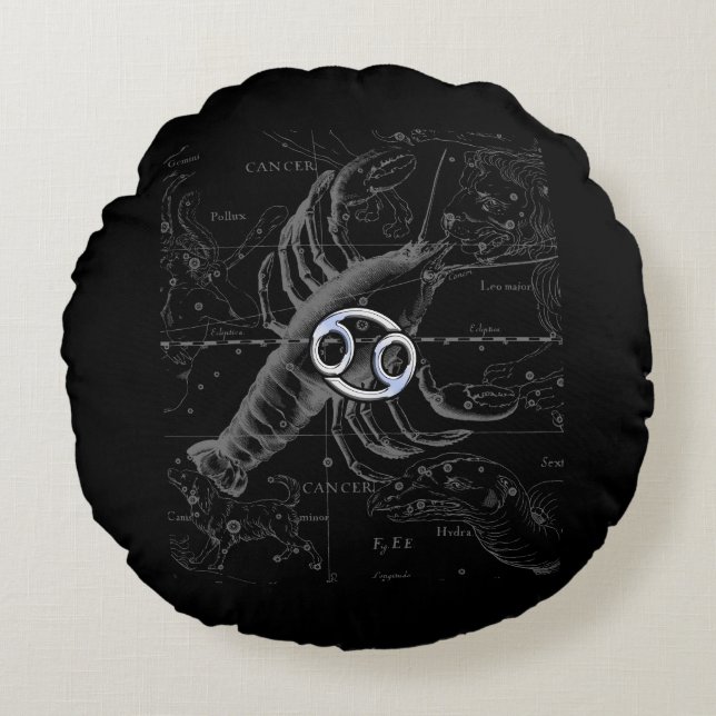 Chrome like Cancer Zodiac Sign on Hevelius Round Pillow (Front)