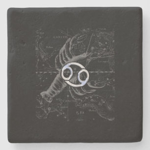 Chrome like Cancer Zodiac Symbol on Hevelius Stone Coaster