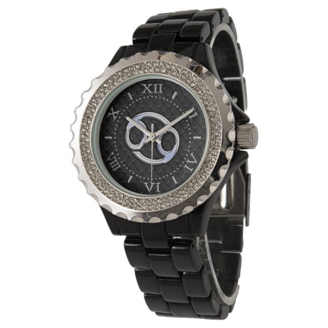 Chrome Like Cancer Zodiac Symbol on Snake Dial Watch (Angled)