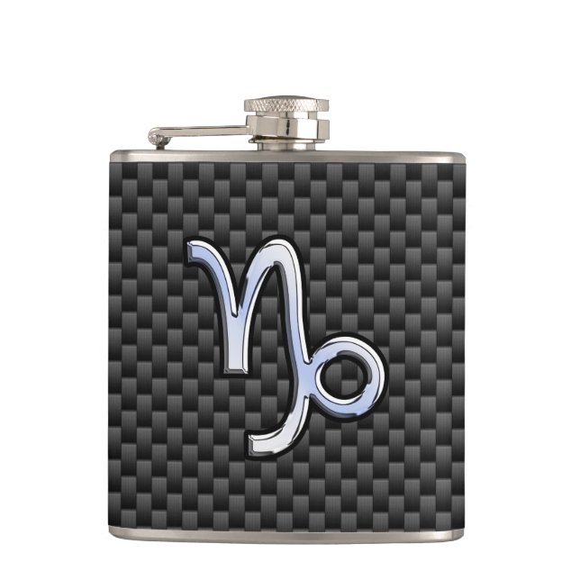 Chrome like Capricorn Sign Black Carbon Fibre Hip Flask (Front)