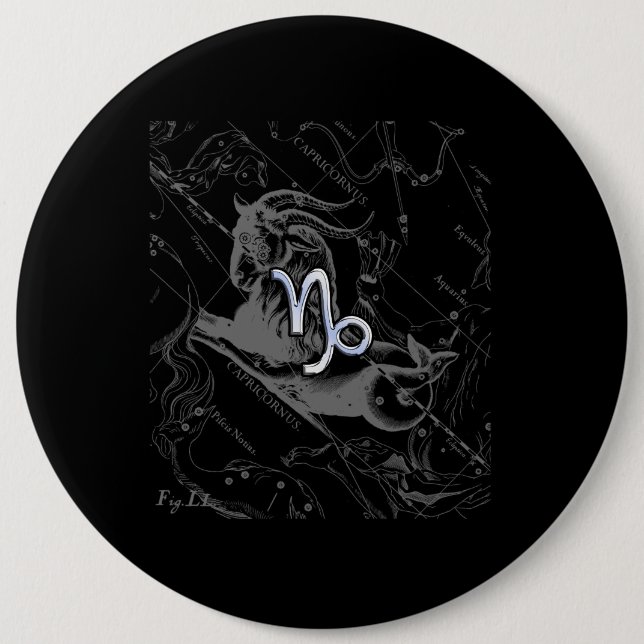 Chrome like Capricorn Zodiac Sign on Hevelius 6 Inch Round Button (Front)