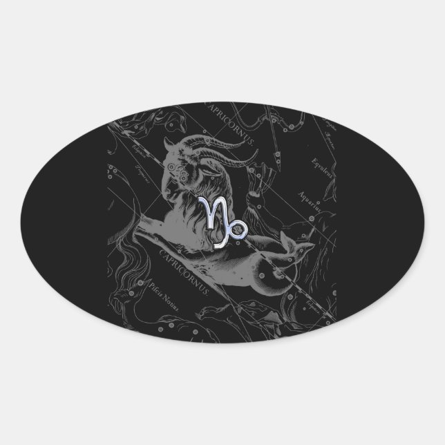 Chrome like Capricorn Zodiac Sign on Hevelius Oval Sticker (Front)