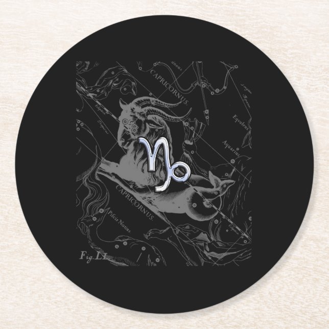 Chrome like Capricorn Zodiac Sign on Hevelius Round Paper Coaster (Front)