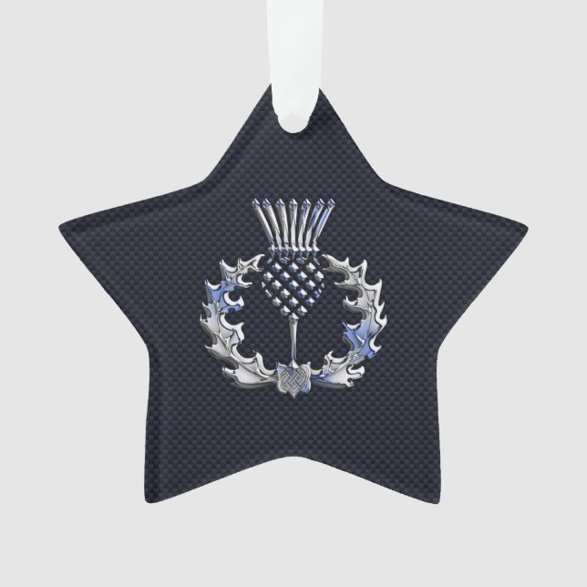 Chrome Like Carbon Fibre Print Scottish Thistle Ornament (Front)