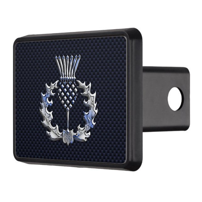 Chrome Like Carbon Fibre Print Scottish Thistle Trailer Hitch Cover (Left)