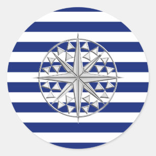 Chrome Like Compass on Nautical Stripes Classic Round Sticker