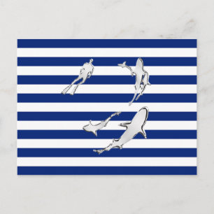 Chrome Like Diver and Sharks on Nautical Stripes Postcard
