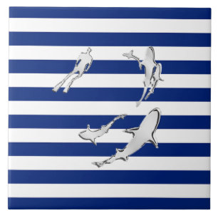 Chrome Like Diver and Sharks on Nautical Stripes Tile
