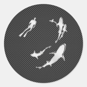 Chrome Like Diver with Sharks on Carbon Fibre Classic Round Sticker