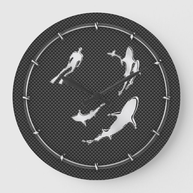 Chrome Like Diver with Sharks on Carbon Fibre Large Clock (Front)