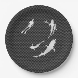 Chrome Like Diver with Sharks on Carbon Fibre Paper Plate