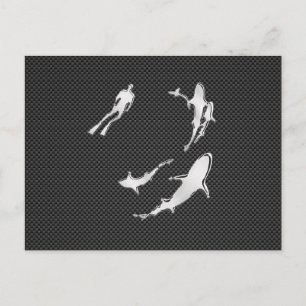 Chrome Like Diver with Sharks on Carbon Fibre Postcard