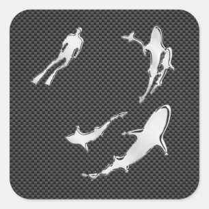 Chrome Like Diver with Sharks on Carbon Fibre Square Sticker