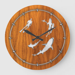 Chrome Like Diver with Sharks on Teak Veneer Large Clock
