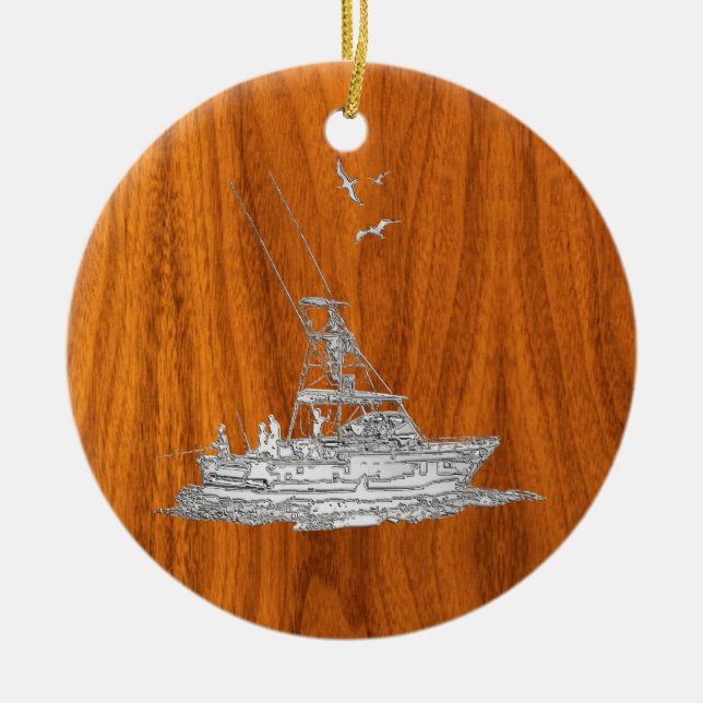 Chrome Like Fishing Boat on Teak Wood Ceramic Ornament (Front)