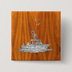Chrome Like Fishing Boat on Teak Wood Decor 2 Inch Square Button
