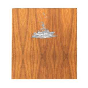 Chrome Like Fishing Boat on Teak Wood Notepad