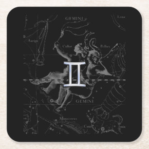 Chrome like Gemini Zodiac Sign on Hevelius 1690 Square Paper Coaster