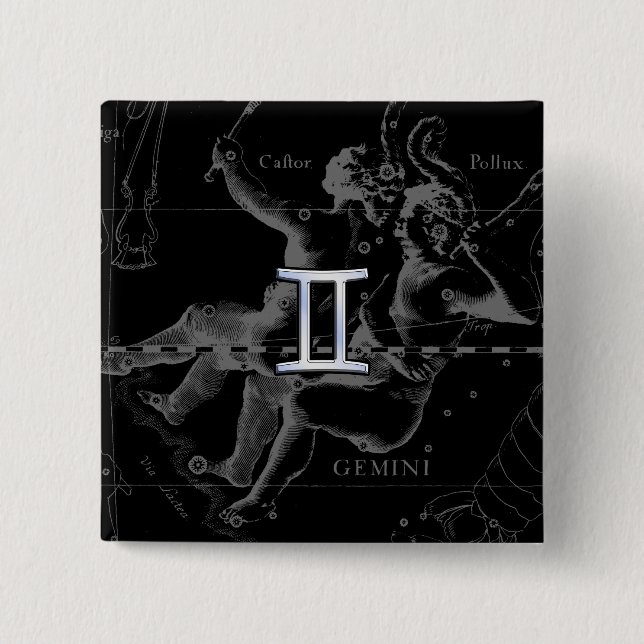Chrome like Gemini Zodiac Symbol on Hevelius 2 Inch Square Button (Front)
