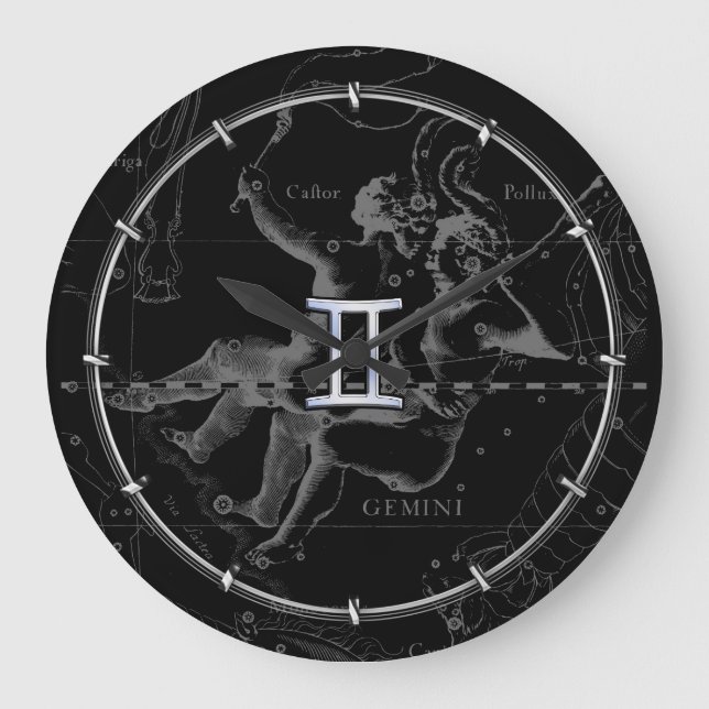 Chrome like Gemini Zodiac Symbol on Hevelius Large Clock (Front)