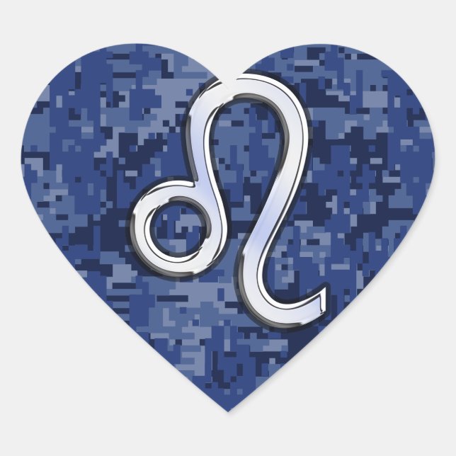 Chrome Like Leo Sign on Navy Blue Digital Camo Heart Sticker (Front)