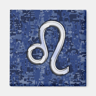 Chrome Like Leo Sign on Navy Blue Digital Camo Magnet