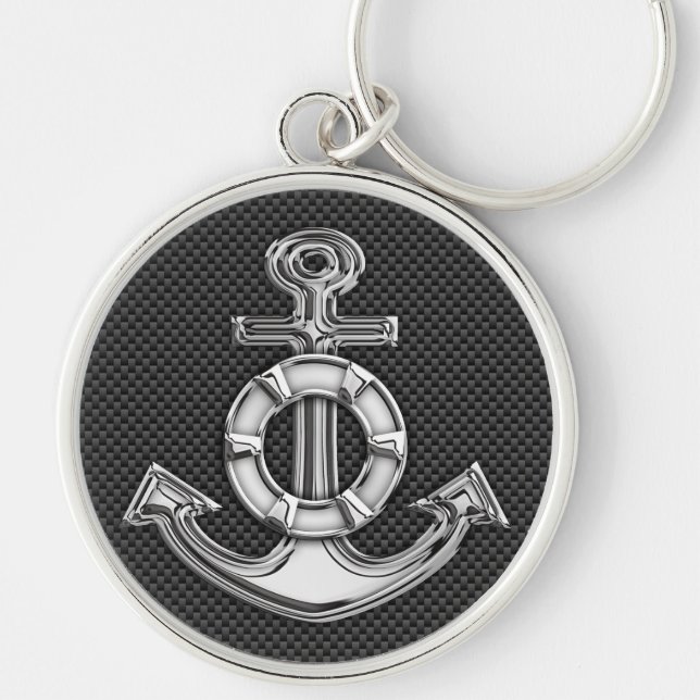 Chrome Like Lifesaver Anchor on Carbon Fibre Keychain (Front)