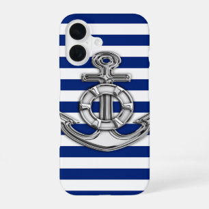 Chrome Like Lifesaver on Nautical Stripes Decor iPhone 16 Case