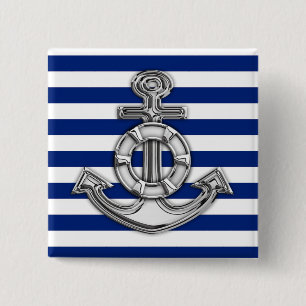 Chrome Like Lifesaver on Navy Stripes 2 Inch Square Button