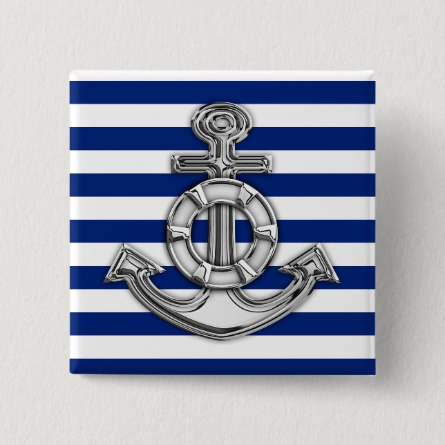 Chrome Like Lifesaver on Navy Stripes 2 Inch Square Button (Front)