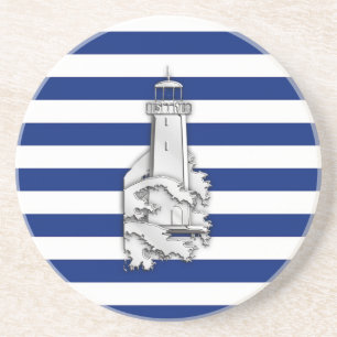 Chrome Like Lighthouse on Nautical Stripes Coaster